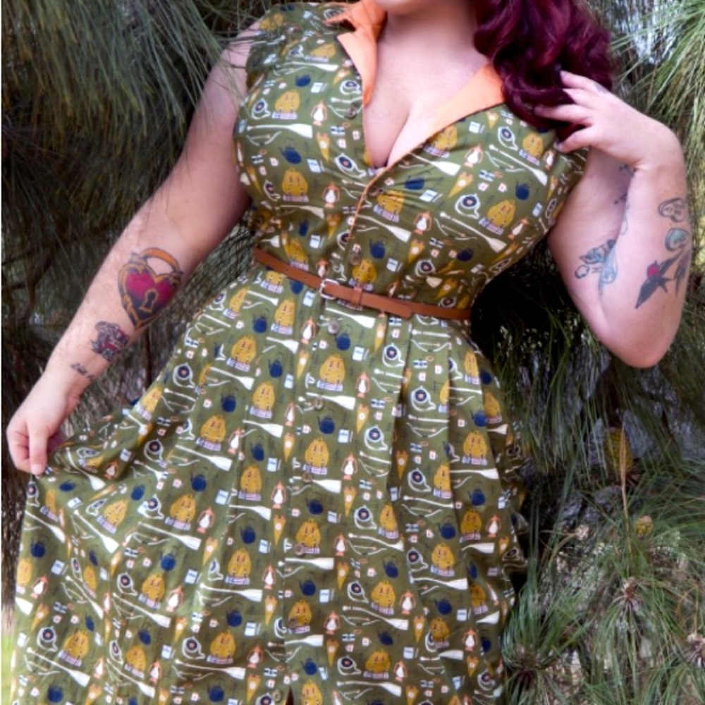 Retro Style Vintage Reproduction “Un-Happy Camper” Button Down Shirt Dress.